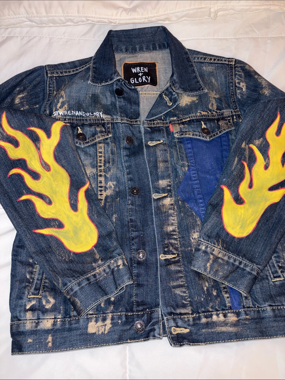 Wren and Glory Kids Distressed Blue Denim Jacket Yellow Flame Sleeves Youth L